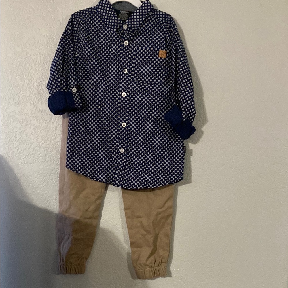 Navy Blue Patterned Kids Shirt and Khaki pants size 6